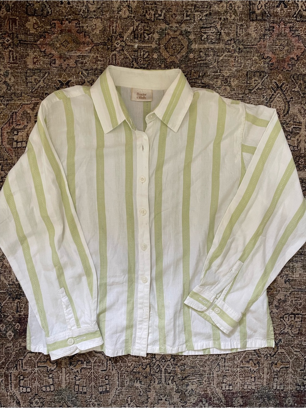 Vintage Baxter & Wells White Button-Down Shirt with Light Green Stripes